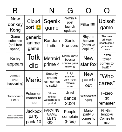 Nintendo Direct Bingo Card