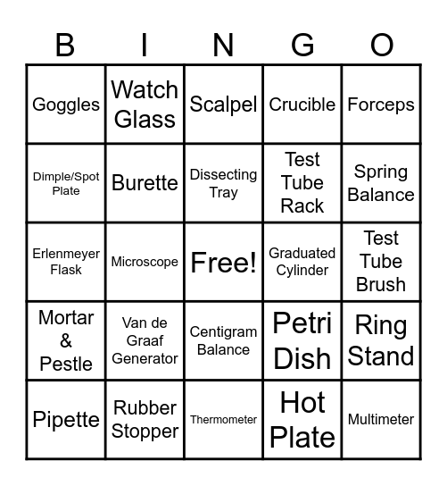 Science Lab Equipment Bingo Card