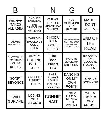 BREAK UP SONGS 9/13 Bingo Card