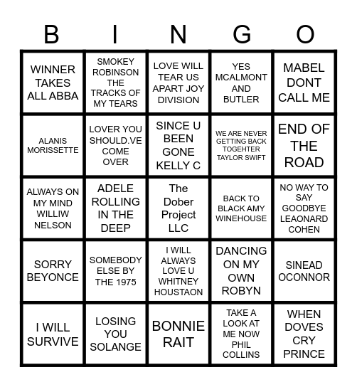 BREAK UP SONGS 9/13 Bingo Card