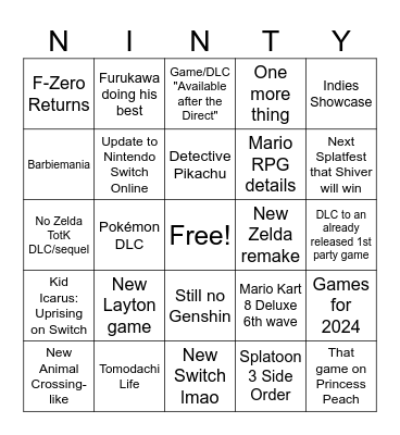 Nintendo Direct 14/09/2023 Bingo Card