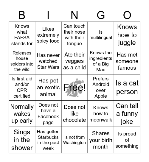 Human Bingo! Find Somebody Who... Bingo Card