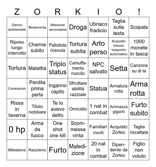 Zorkio Bingo Card