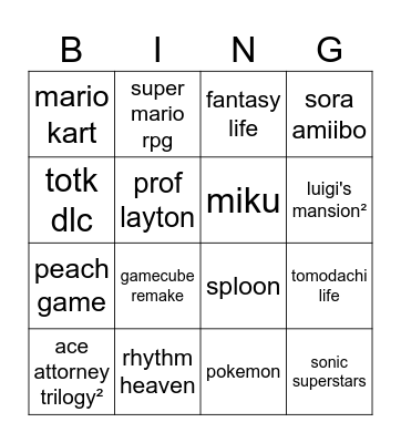 sep 2023 nintendo direct Bingo Card