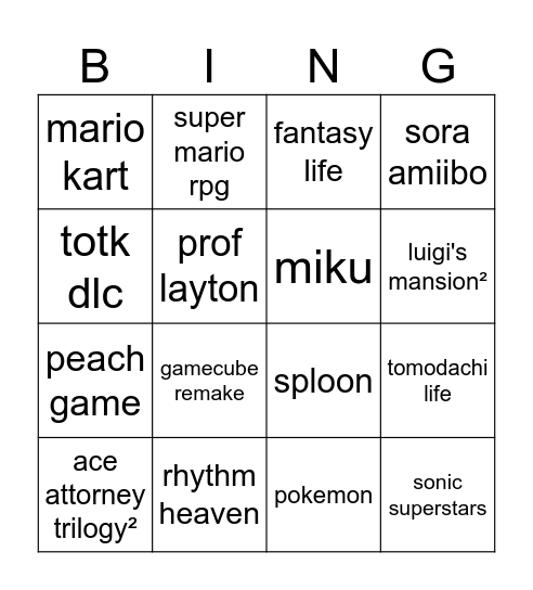 sep 2023 nintendo direct Bingo Card