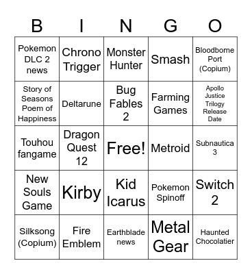 Nintendo Direct 2023 Bingo Card