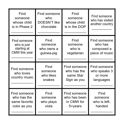CMW Human Scavenger Hunt Bingo Card