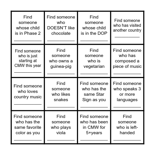 CMW Human Scavenger Hunt Bingo Card