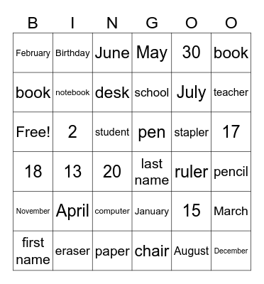 School Bingo Card