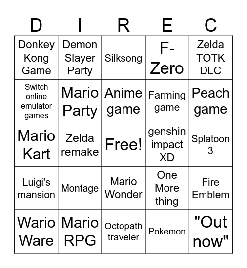 Nintendo direct 14-09-23 Bingo Card