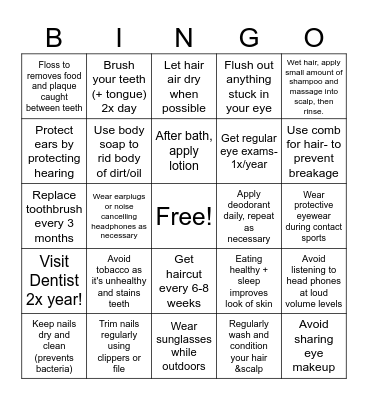 Chapter 3: Hygiene Bingo Card