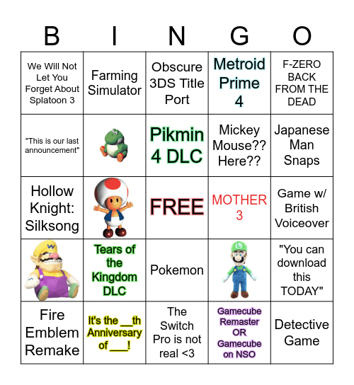 NINTENDO DIRECT 09.14.23 Bingo Card