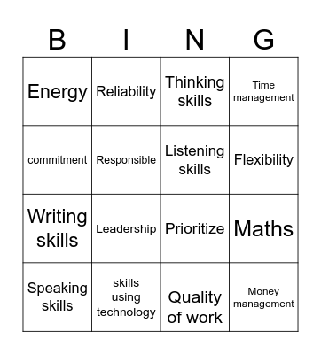 Skills and Qualities Bingo Card