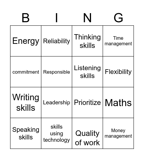 Skills and Qualities Bingo Card