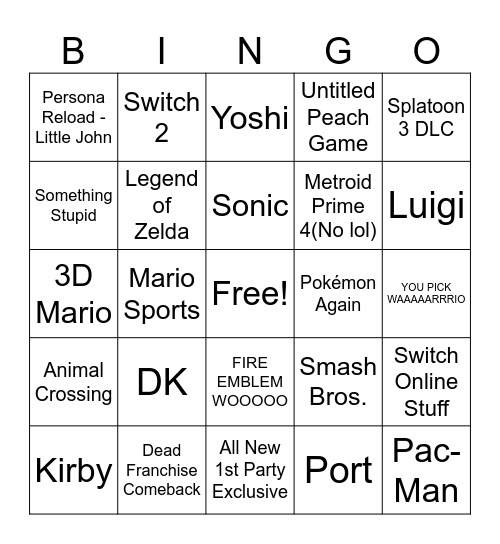 Nintendo Direct 9/14/23 Bingo Card