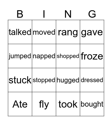 Irregular and Regular Verbs Bingo Card