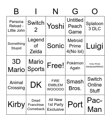Nintendo Direct 9/14/23 Bingo Card