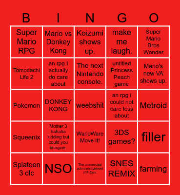 Nintendo Direct Bingo Card