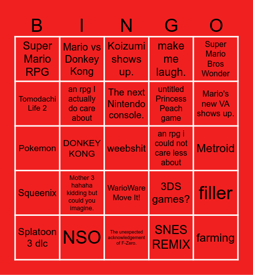 Nintendo Direct Bingo Card