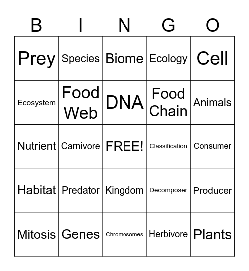 Ecology Bingo Card