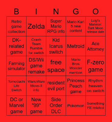 Nintendo Direct Predictions Bingo Card