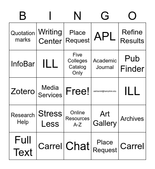 Library Introduction Bingo Card