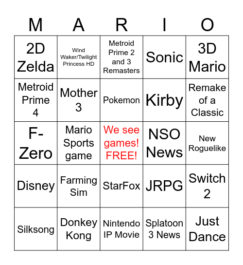 Nintendo Direct - Sept. 2023 Bingo Card