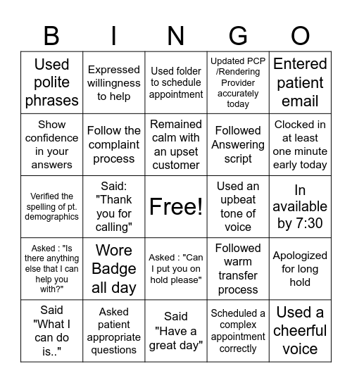 Call Center Bingo PSR Edition Bingo Card