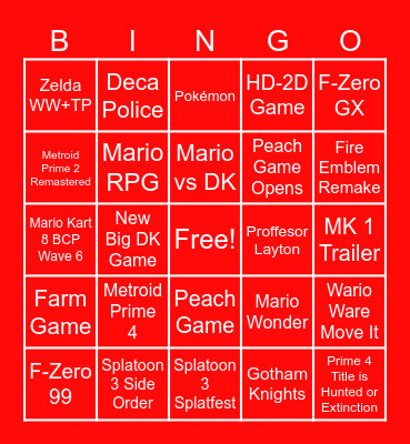Nintendo Direct 14/9 2023 Bingo Card