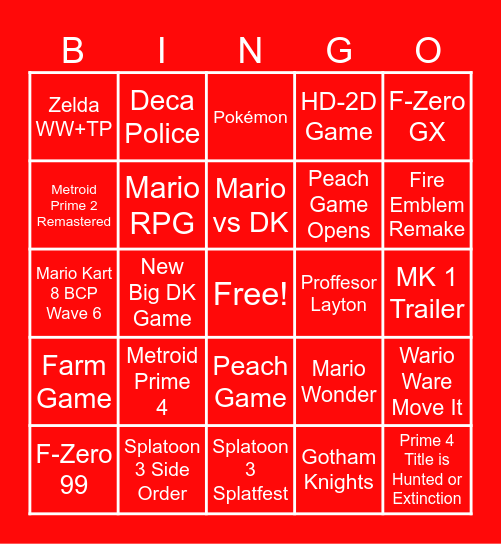 Nintendo Direct 14/9 2023 Bingo Card