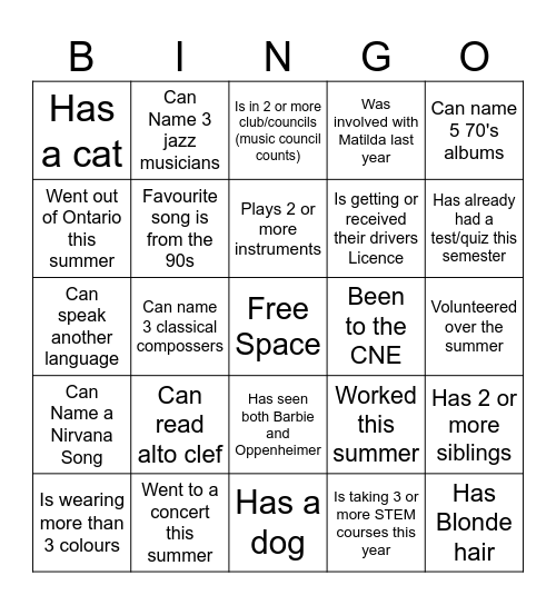 Music Council Bingo Icebreaker Bingo Card