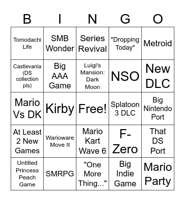 Nintendo Direct Bingo Card