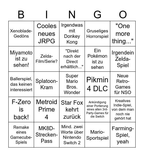 Nintendo Direct Bingo Card