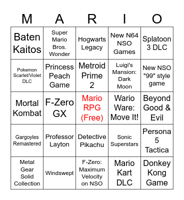 Nintendo Direct Bingo Card Bingo Card