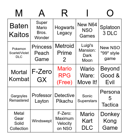 Nintendo Direct Bingo Card Bingo Card