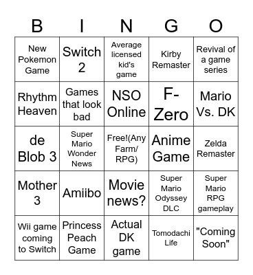 Nintendo Direct for 9/14 Bingo Card