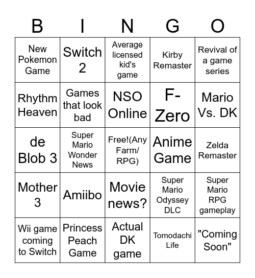 Nintendo Direct for 9/14 Bingo Card