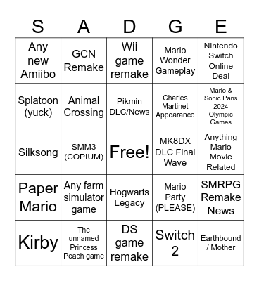 Nintendo Direct 9/14 Bingo Card