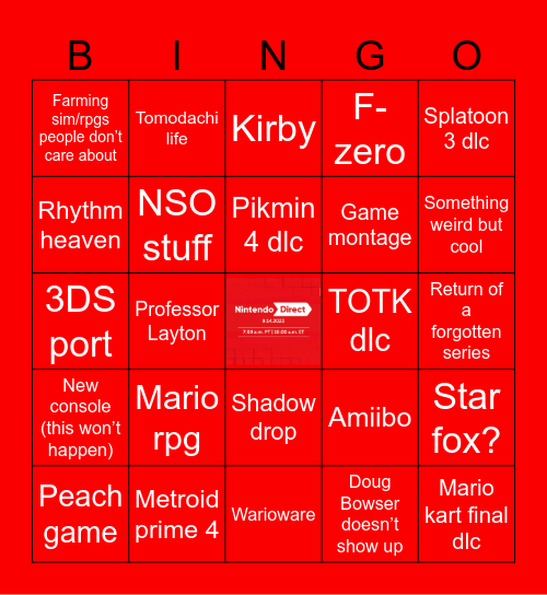 Nintendo direct bingo Card