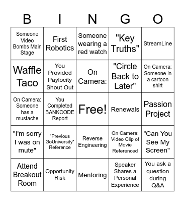 GoUniversity 2023 Bingo Card