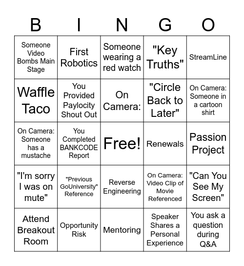 GoUniversity 2023 Bingo Card