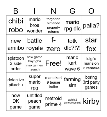 Nintendo direct 9/14/23 bingo Card