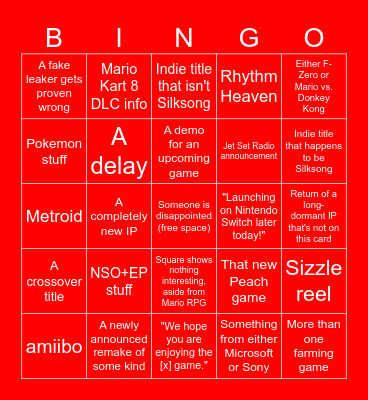 Nintendo Direct Bingo Card