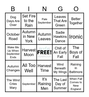 Fall Songs Bingo Card