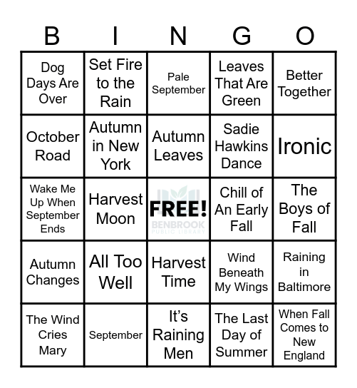 Fall Songs Bingo Card