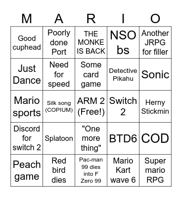 Nintendo Bingo Card