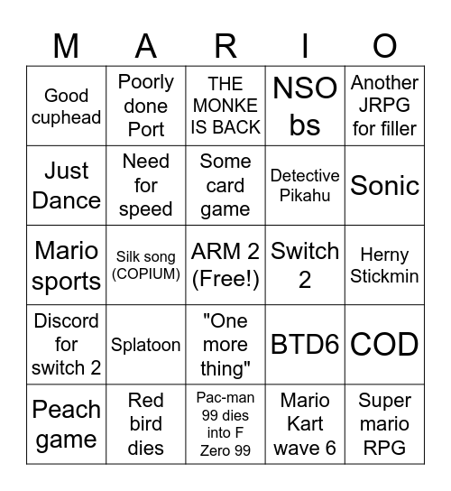 Nintendo Bingo Card