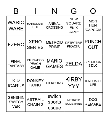 Nintendo Direct 9/14 Bingo Card