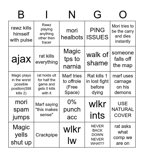 Omega Hunters Scrim Bingo Card
