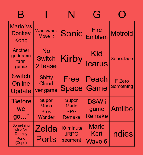Nintendo Direct September 2023 Bingo Card